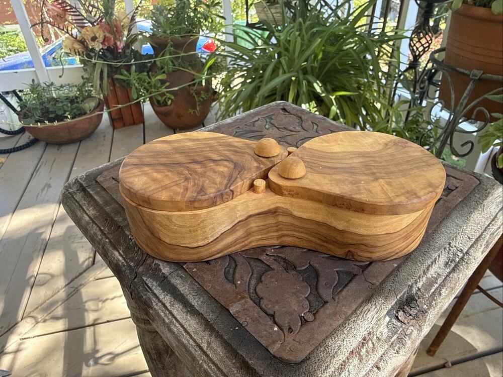 Berard France Olive Wood Double Salt Keeper Cellar Box Swivel Pinch Pot Spice